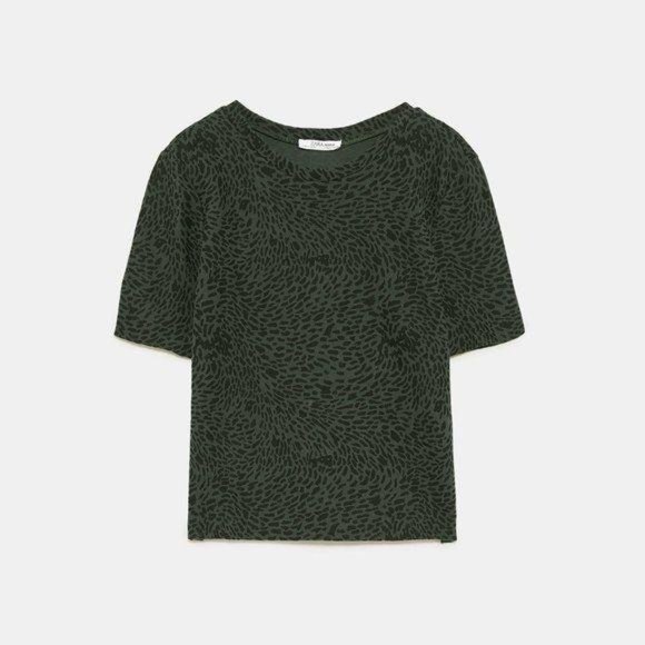Zara Short Sleeve Top Green Leopard Print Small - Picture 2 of 8